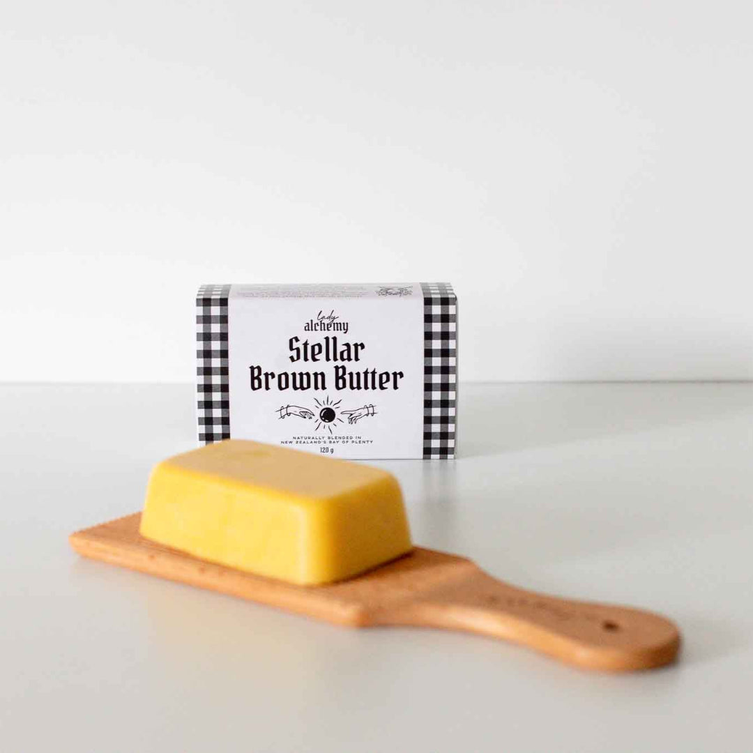 Brown Butter slab on a wooden board with a label in the background